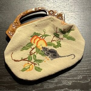 Vintage Peach & Mouse Embroidered Clutch with Carved Wooden Handle - Beige